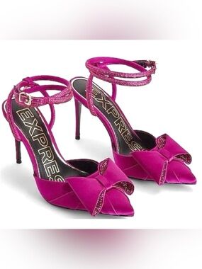 NEW EXPRESS WILD ORCHID PINK RHINESTONE BOW EMBELLISHED STRAP PUMPS HIGH HEELS 6